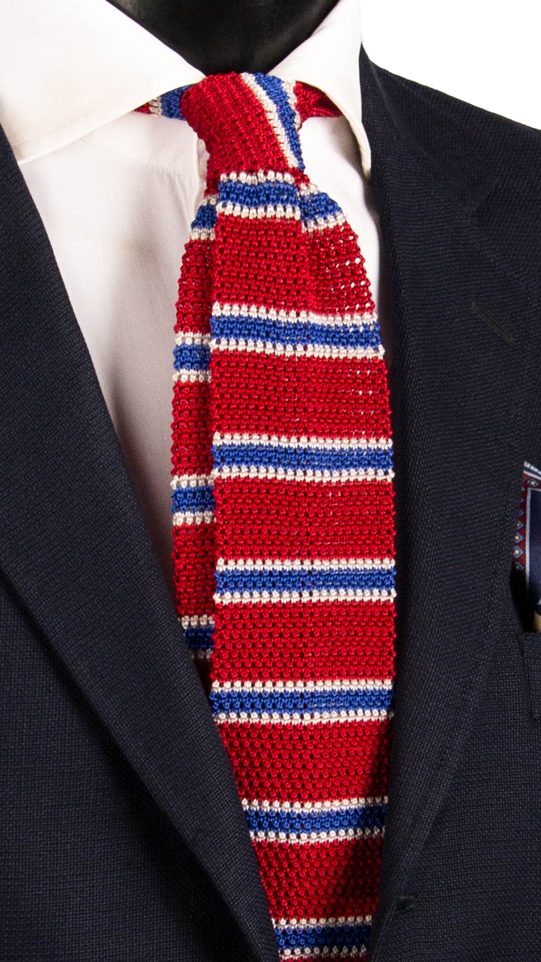 Cravatta Tricot in Maglia di Seta Rossa a Righe Bluette Bianche TRI860 Made in Italy Graffeo Cravatte