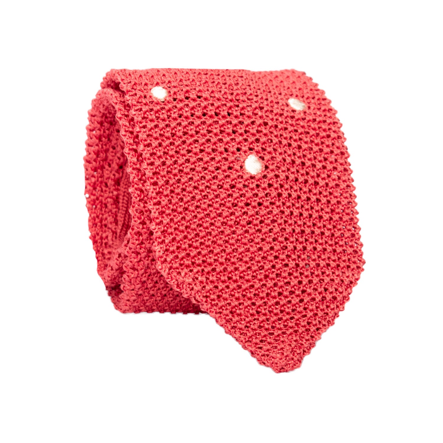 Cravatta Tricot in Maglia di Seta Rosso Corallo a Pois Bianchi TRI626 Graffeo Cravatte Made in Italy Rotolo