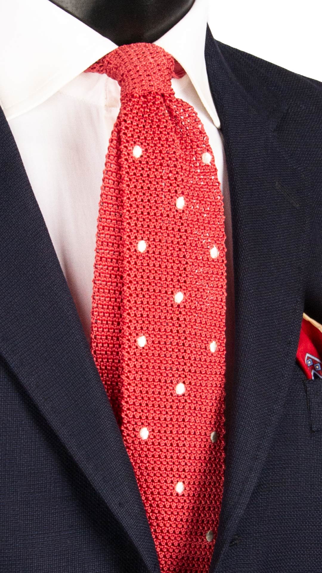 Cravatta Tricot in Maglia di Seta Rosso Corallo a Pois Bianchi TRI626 Graffeo Cravatte Made in Italy