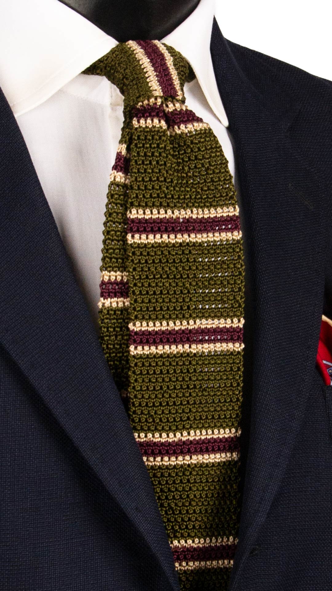 Cravatta Tricot in Maglia di Seta Verde Oliva Righe Viola Beige TRI623 Graffeo Cravatte Made in Italy