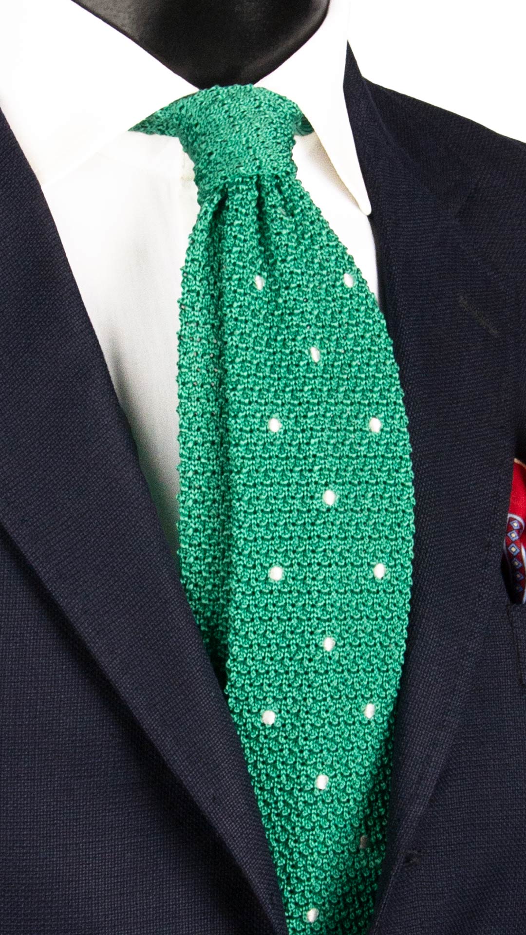 Cravatta Tricot in Maglia di Seta Verde Prato a Pois Bianchi TRI715 Graffeo Cravatte Made in Italy 