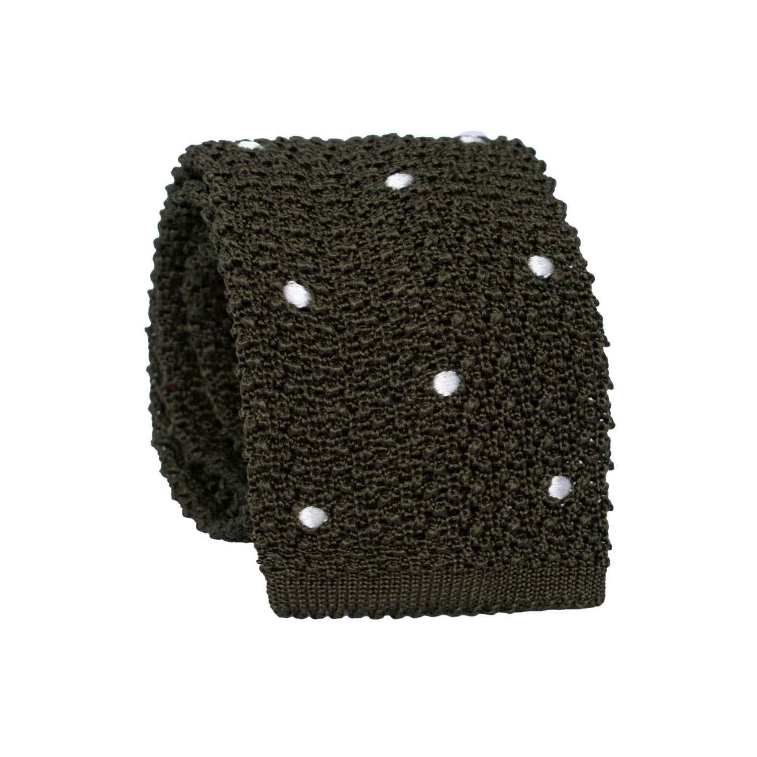 Man Dark Green Knitted Silk Tie White Polka Dots TRI962