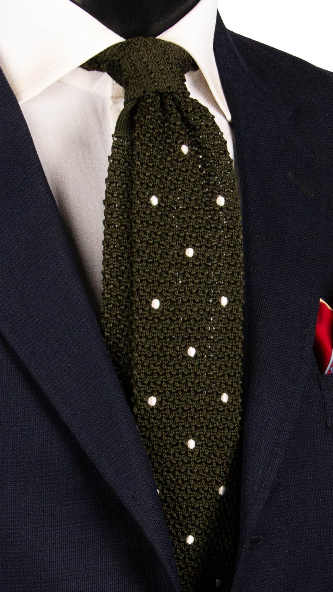 Man Dark Green Knitted Silk Tie White Polka Dots TRI962