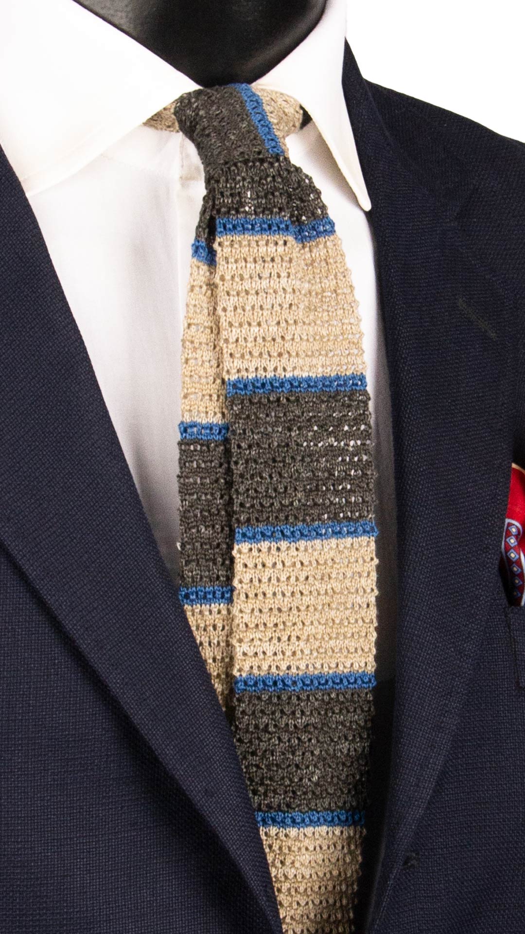 Cravatta Tricot in Maglia in Cotone Lino con Righe Beige Grigio Bluette TRI733 Graffeo Cravatte Made in Italy