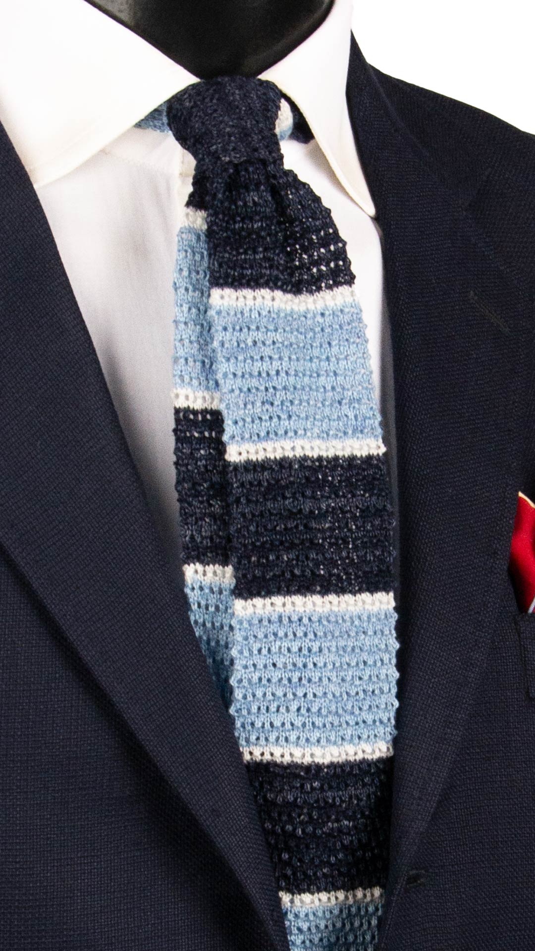 Cravatta Tricot in Maglia in Cotone Lino con Righe Blu Celesti Bianche TRI920 Graffeo Cravatte Made in Italy
