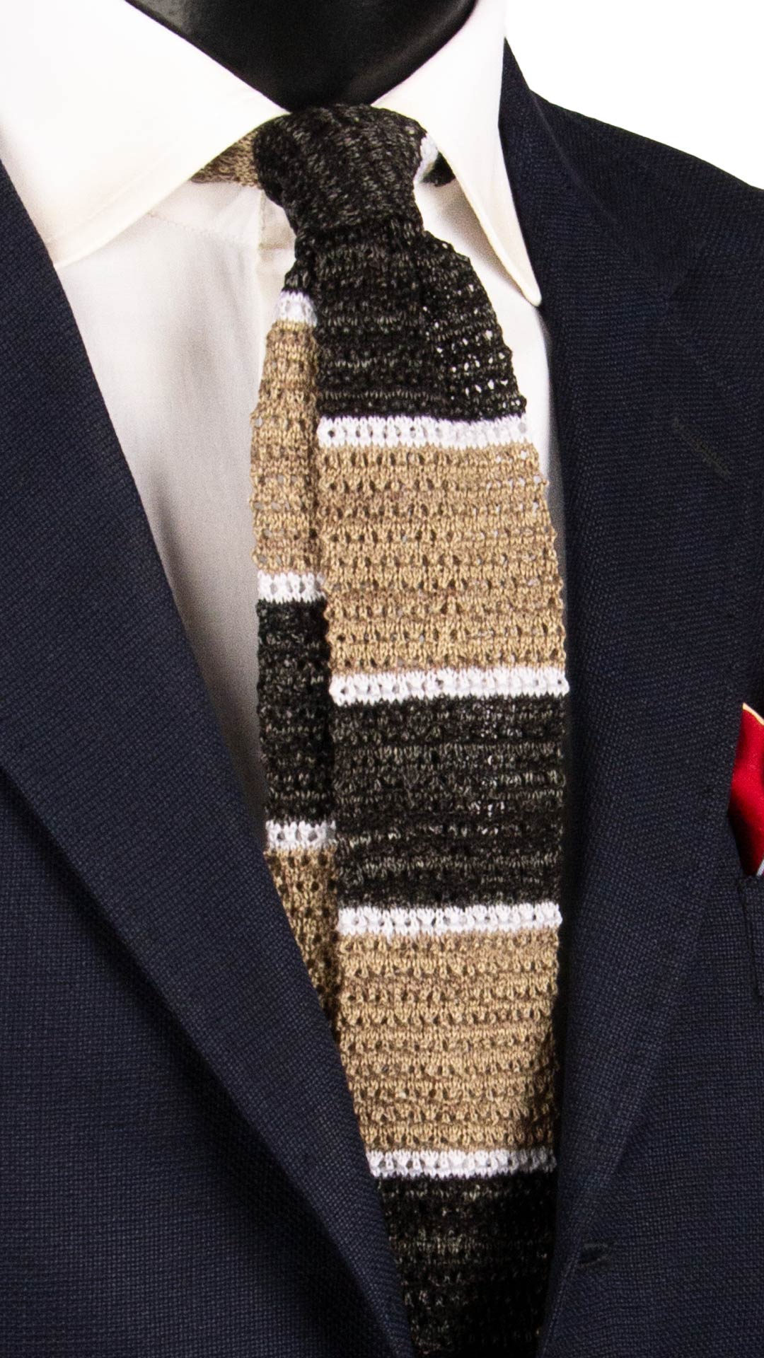 Cravatta Tricot in Maglia in Cotone Lino con Righe Nere Color Corda Bianche TRI921 Graffeo Cravatte Made in Italy