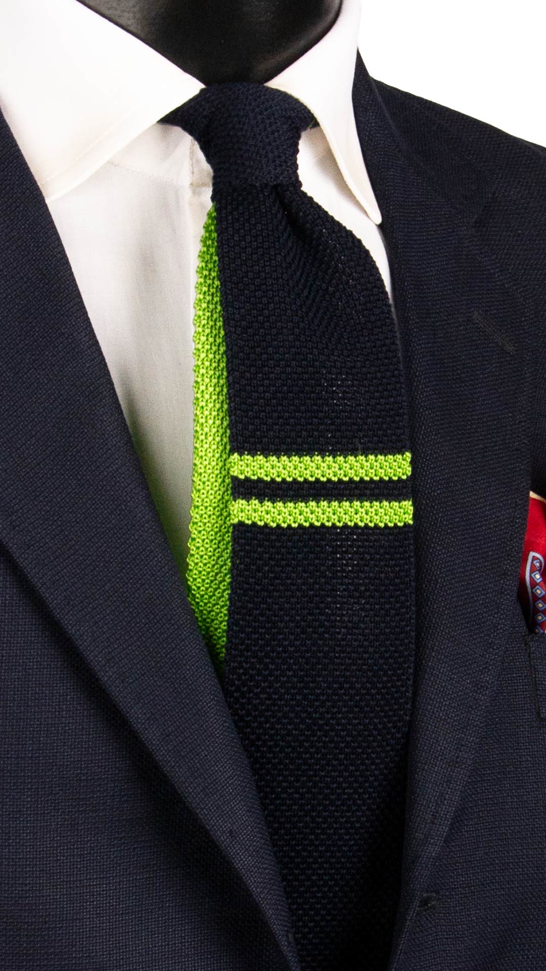 Cravatta Tricot in Maglia in Cotone Seta Blu Notte Verde Pala Piccola in Contrasto Verde TRI764 Graffeo Cravatte Made in Italy