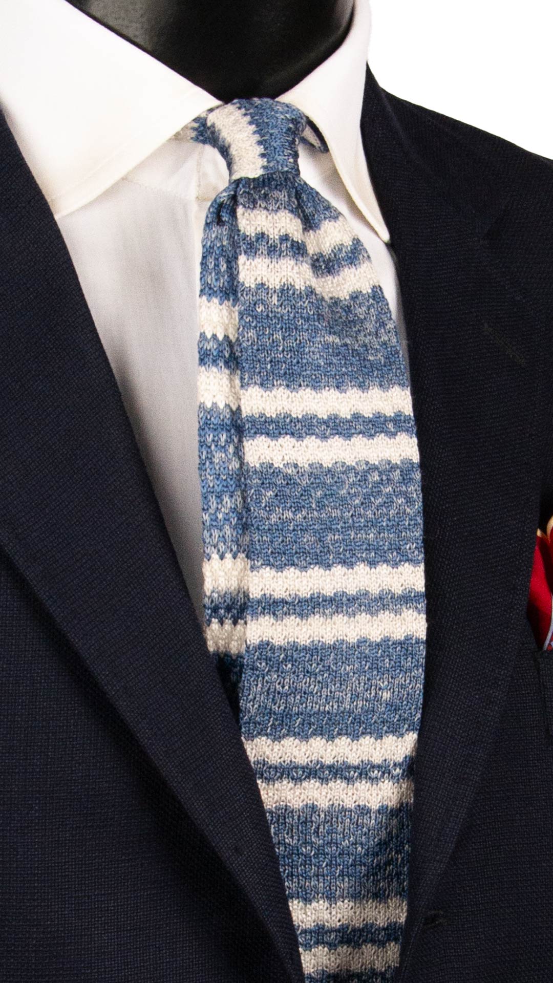 Cravatta Tricot in Maglia in Seta Lino Blu Navy con Righe Bianche TRI866 Graffeo Cravatte Made in Italy