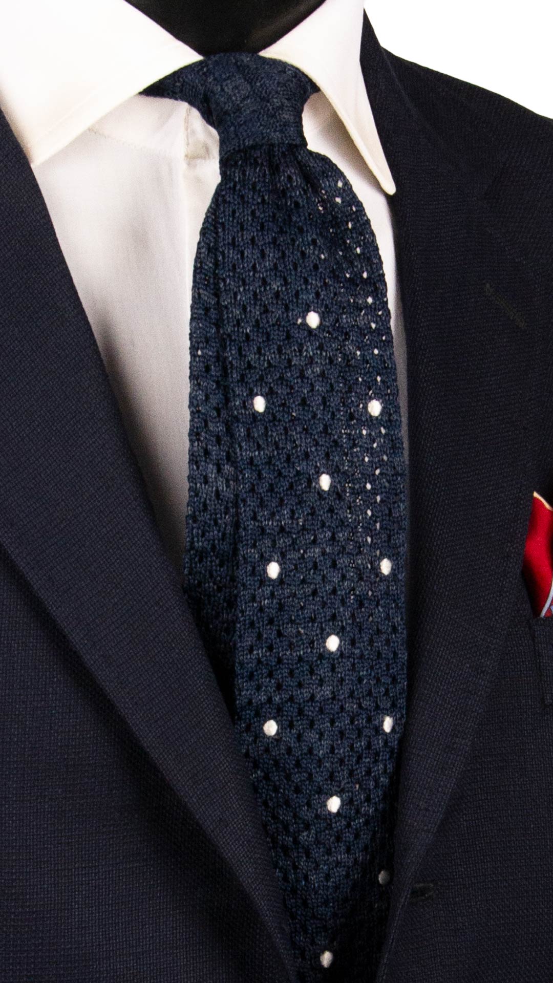 Cravatta Tricot in Maglia in Seta Lino Blu a Pois Bianchi TRI960 Graffeo Cravatte Made in Italy