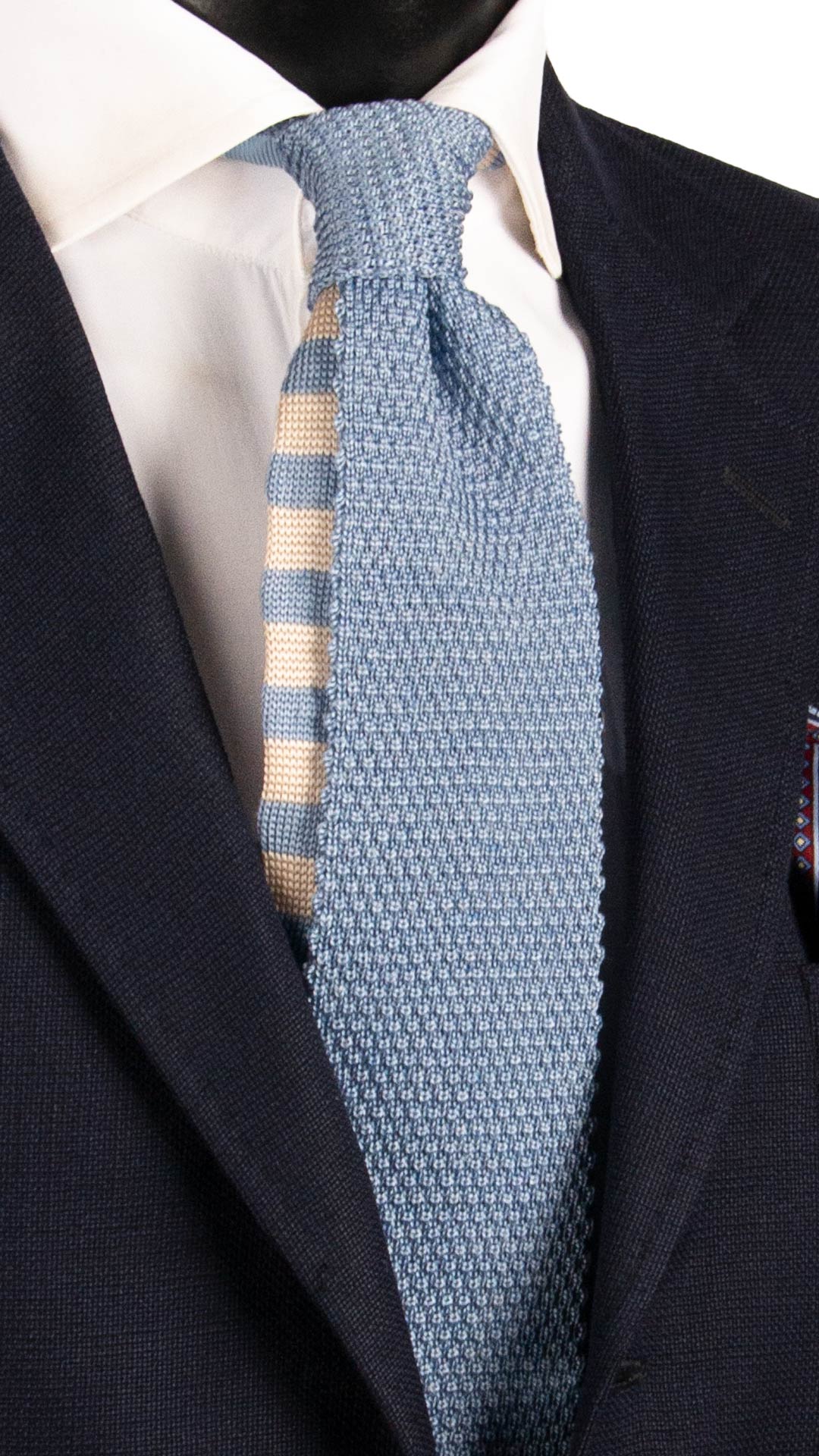Cravatta Tricot in Maglia in Seta Lino Celeste Pala Piccola in Contrasto a Righe Panna Celesti TRI971 Made in Italy Graffeo Cravatte