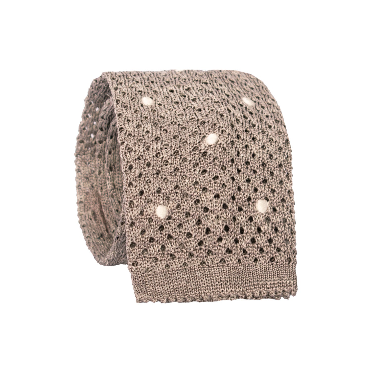 Cravatta Tricot in Maglia in Seta Lino Grigio Tortora a Pois Bianchi TRI718 Graffeo Cravatte Made in Italy Rotolo