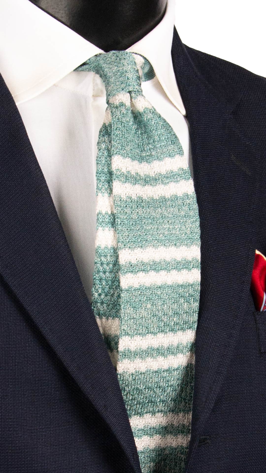 Cravatta Tricot in Maglia in Seta Lino Verde Menta con Righe Bianche TRI865 Graffeo Cravatte Made in Italy