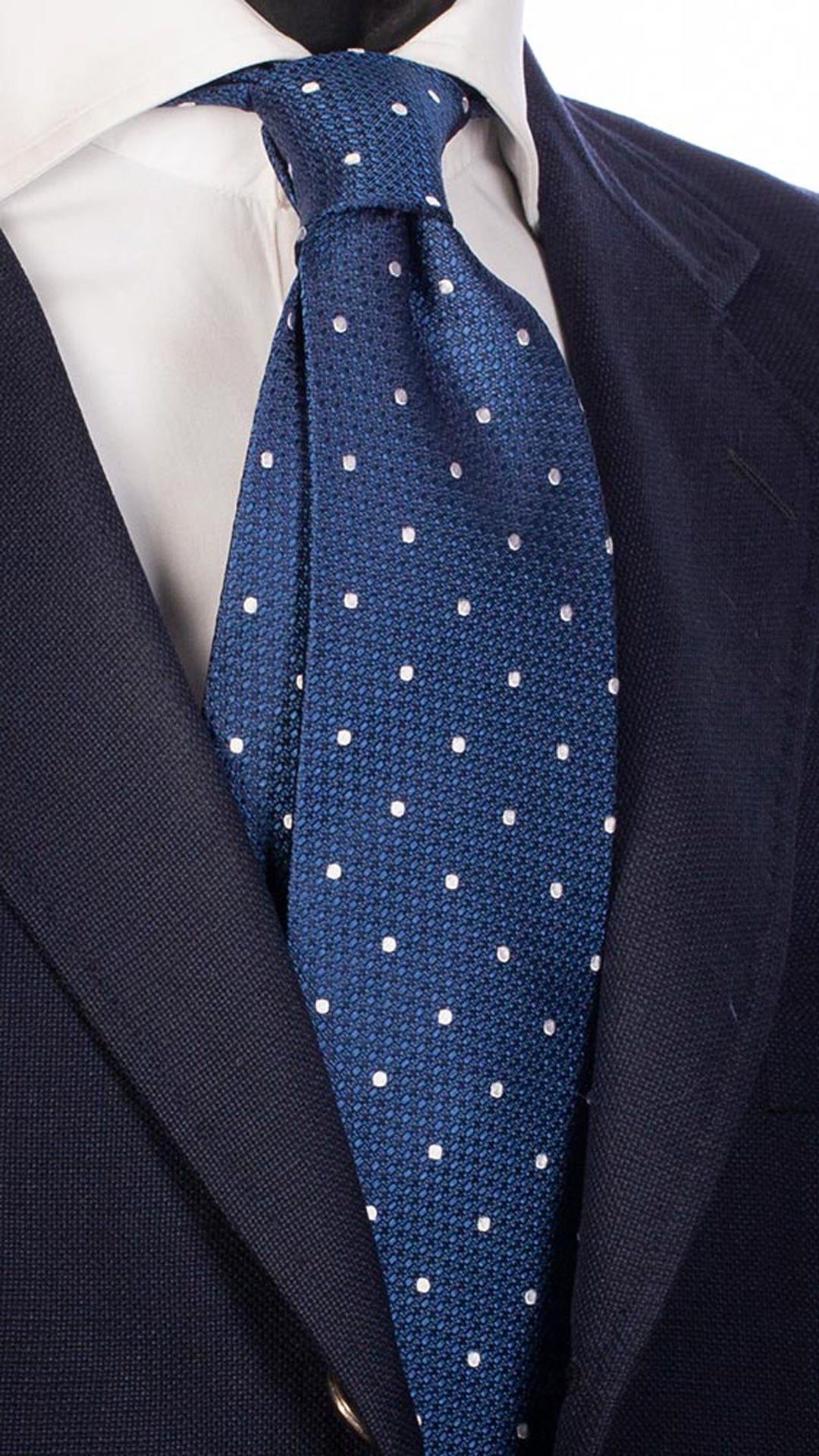Cravatta da Cerimonia di Seta Blu Navy Fantasia Tono su Tono a Pois Bianchi CY4686 Made in Italy Graffeo Cravatte