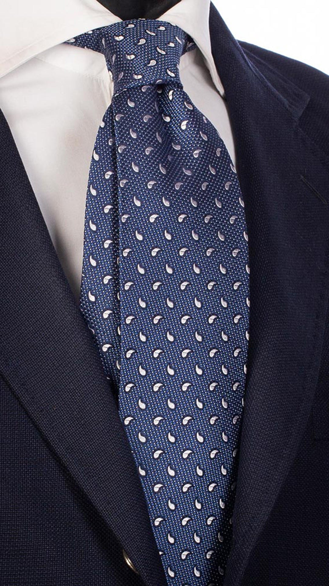 Cravatta da Cerimonia di Seta Blu Navy Paisley Punto a Spillo Bianco CY4697 Made in Italy Graffeo Cravatte