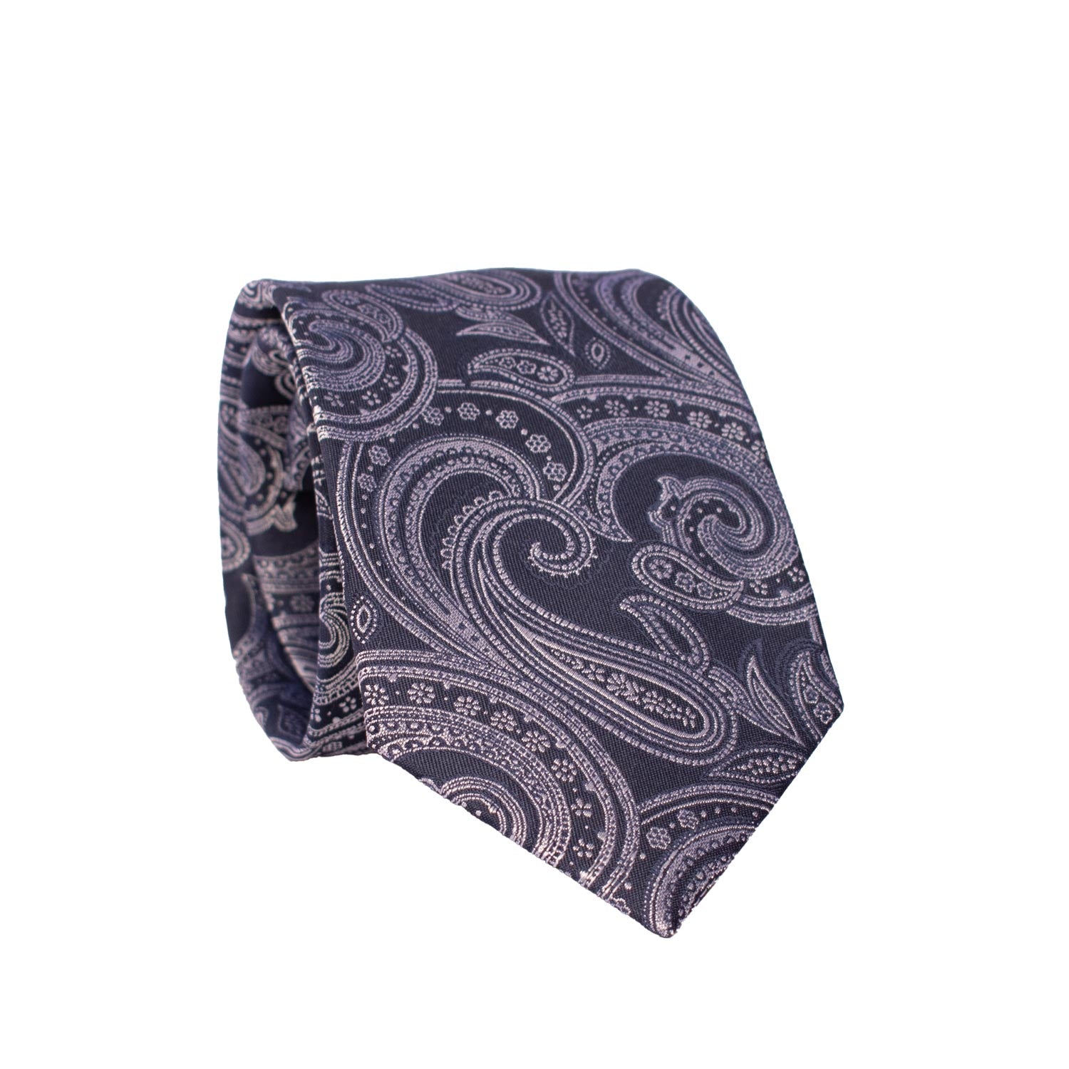 Cravatta da Cerimonia di Seta Blu Paisley Bianchi CY4546 Arrotolata