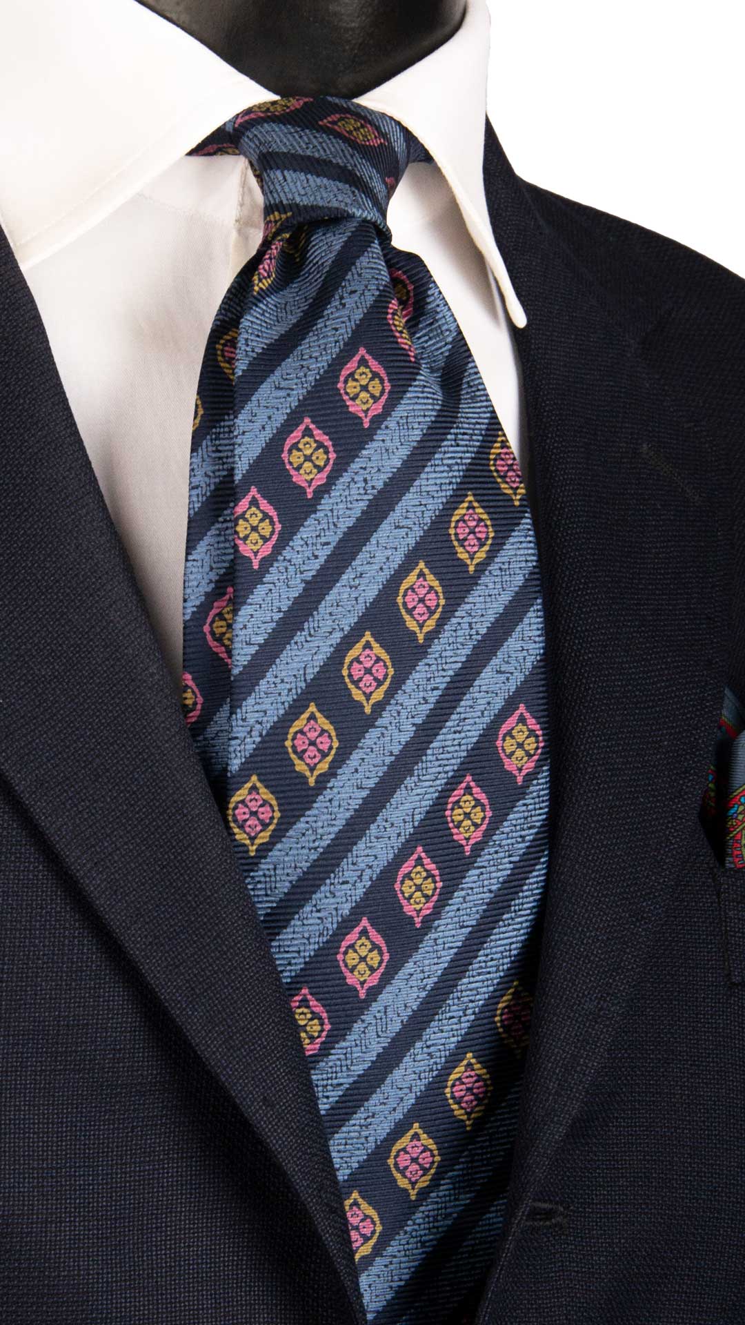 Cravatta Vintage Regimental in Saia di Seta Blu A Righe Celesti Fantasia Multicolor CV841 Graffeo Cravatte Made in Italy