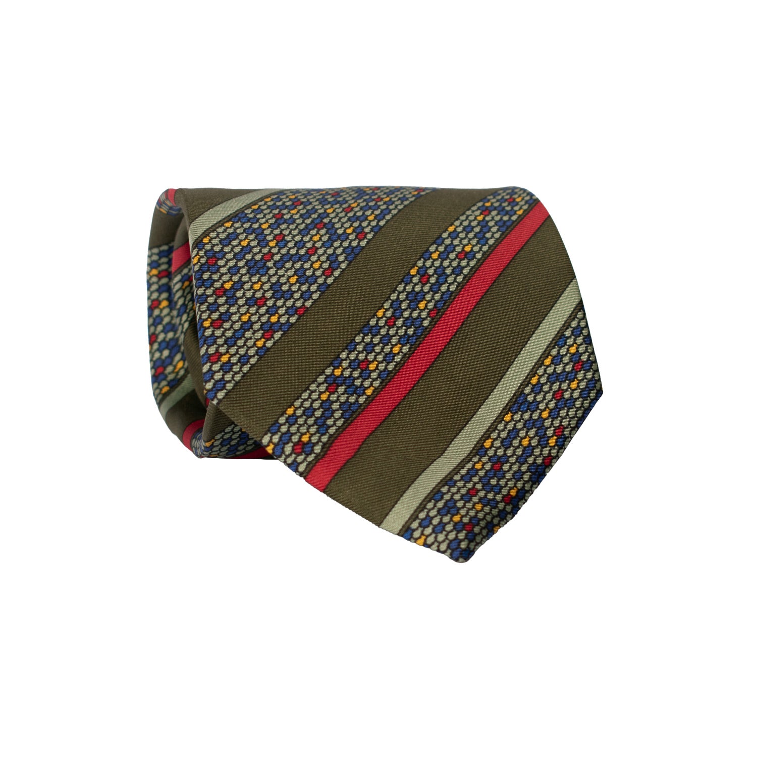 Cravatta Vintage Regimental in Twill di Seta Verde A Righe Multicolor CV794 Rotolo