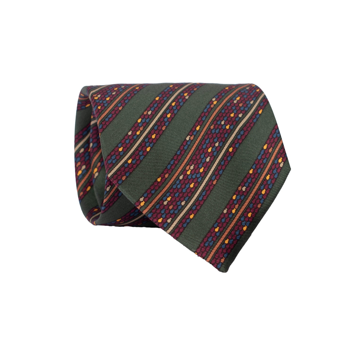 Cravatta Vintage Regimental in Twill di Seta Verde A Righe Multicolor CV817 Rotolo