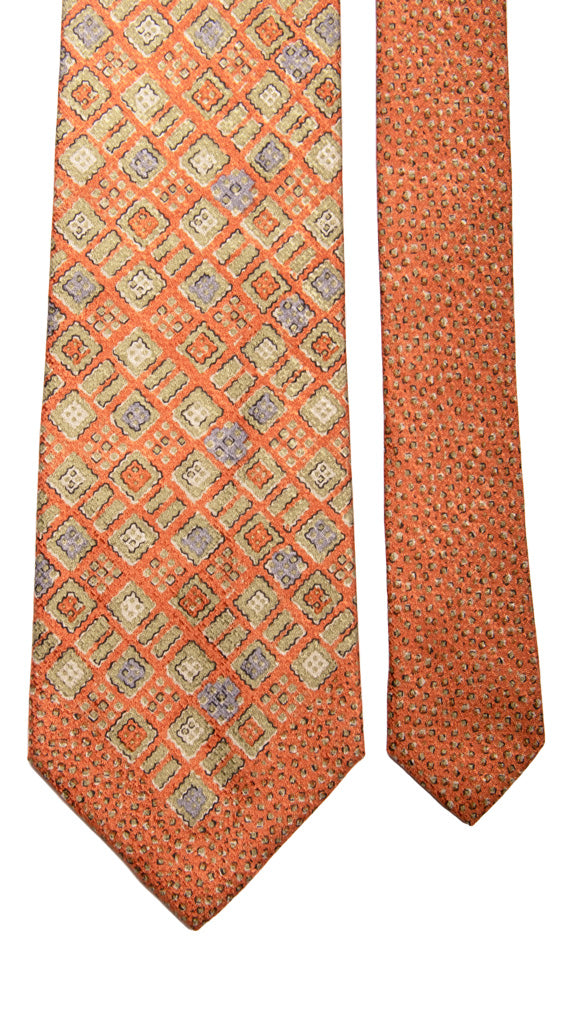 Cravatta Vintage di Seta Jacquard Arancione Fantasia Verde Sabbia Nodo in Contrasto Made in Italy Graffeo Cravatte Pala