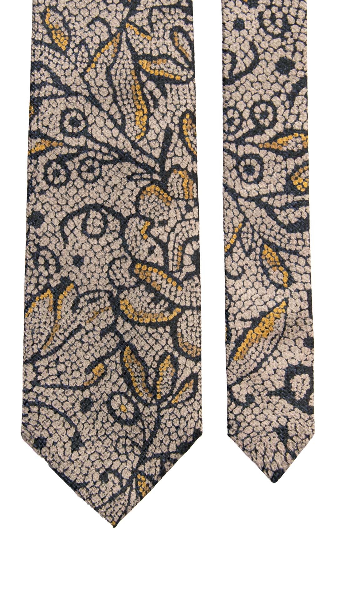 Cravatta Vintage di Seta Jacquard Blu Fantasia Grigio Senape CV1143 Made in Italy Graffeo Cravatte Pala