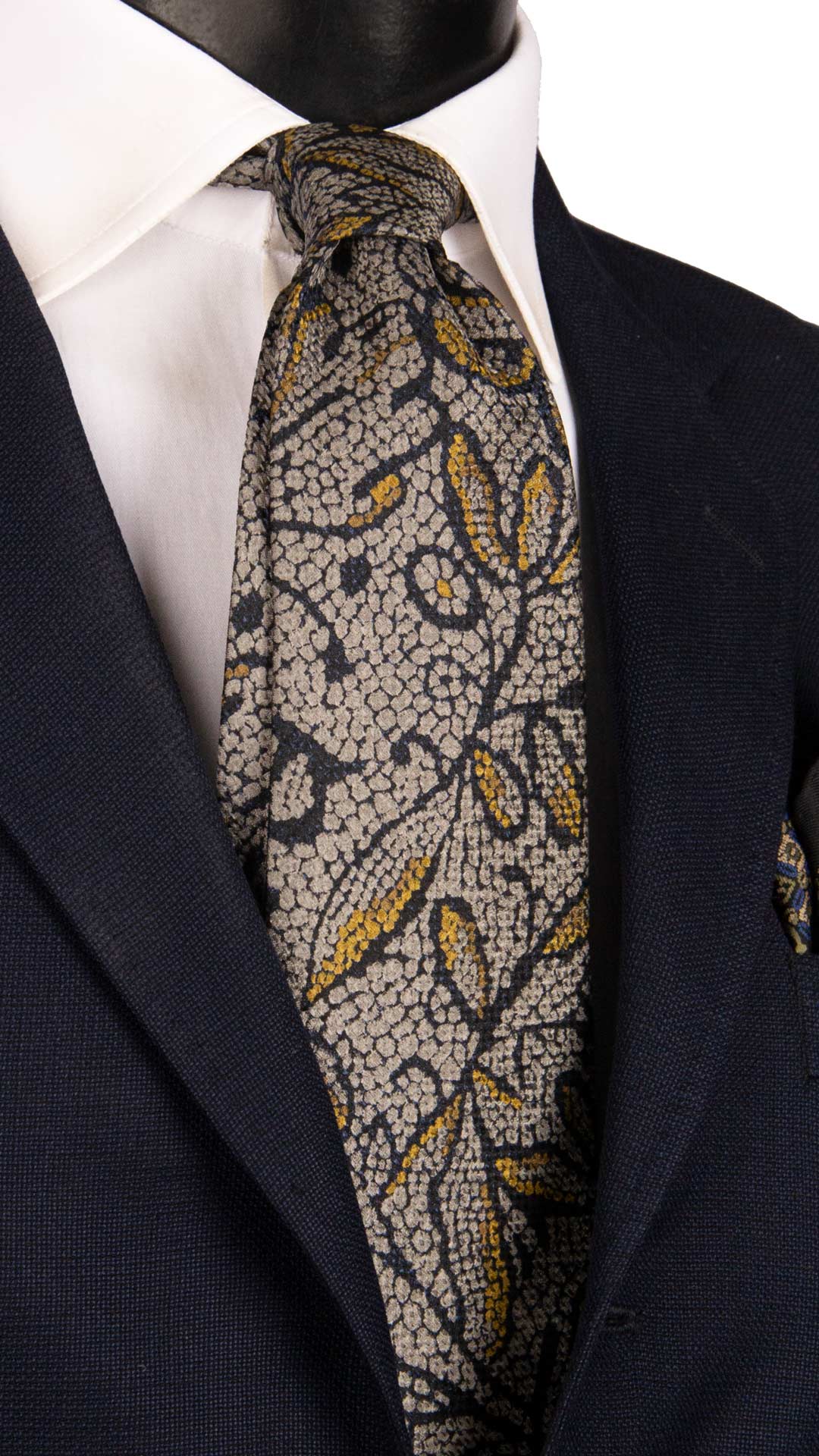 Cravatta Vintage di Seta Jacquard Blu Fantasia Grigio Senape CV1143 Made in Italy Graffeo Cravatte