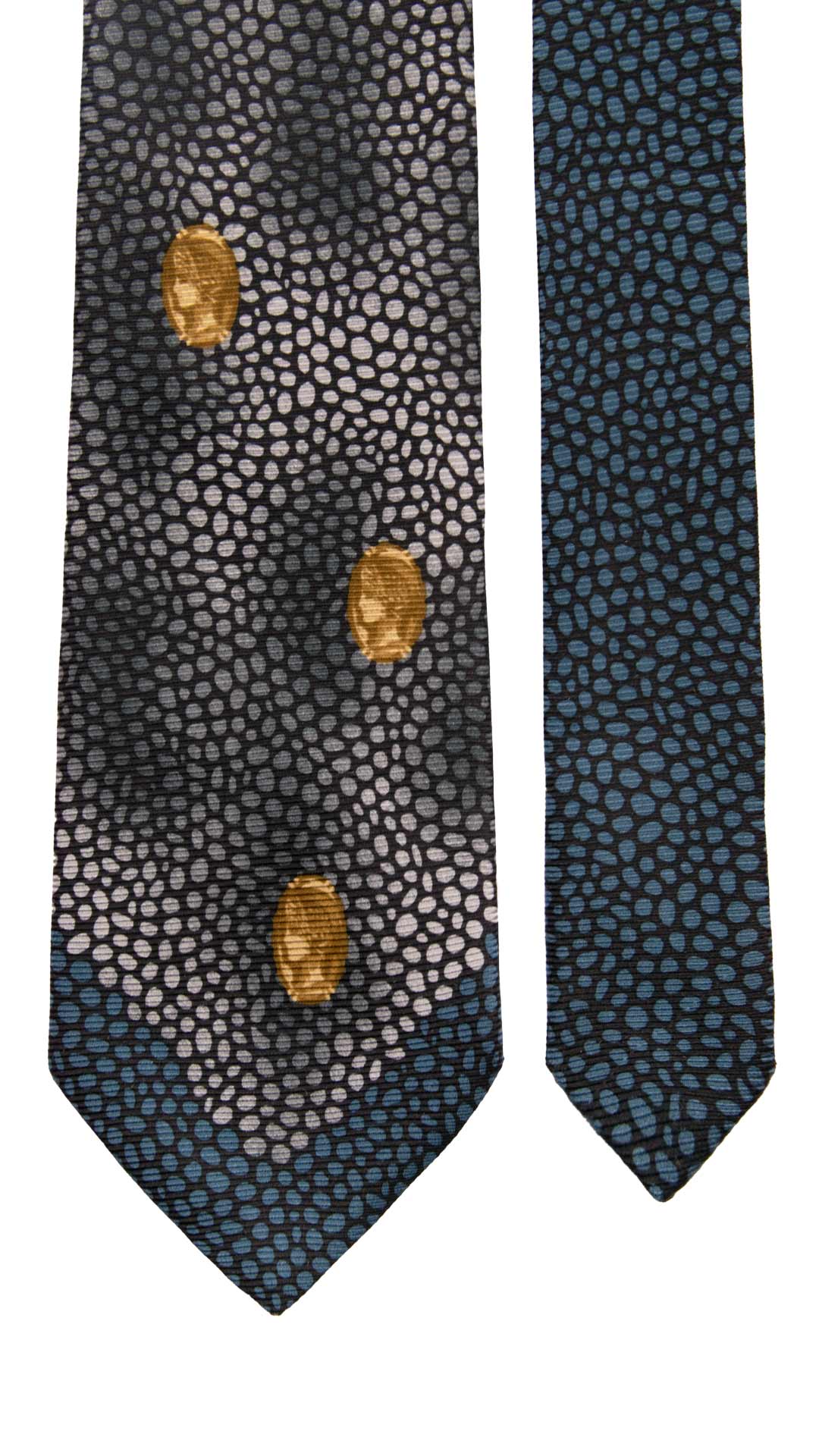 Cravatta Vintage di Seta Jacquard Blu Notte Fantasia Grigia Avio a Medaglioni Giallo Oro CV946 Made in Italy Graffeo Cravatte Pala