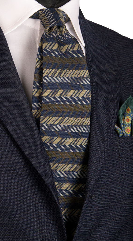 Cravatta Vintage di Seta Jacquard Blu Fantasia Verde Oliva Beige Made in Italy Graffeo Cravatte
