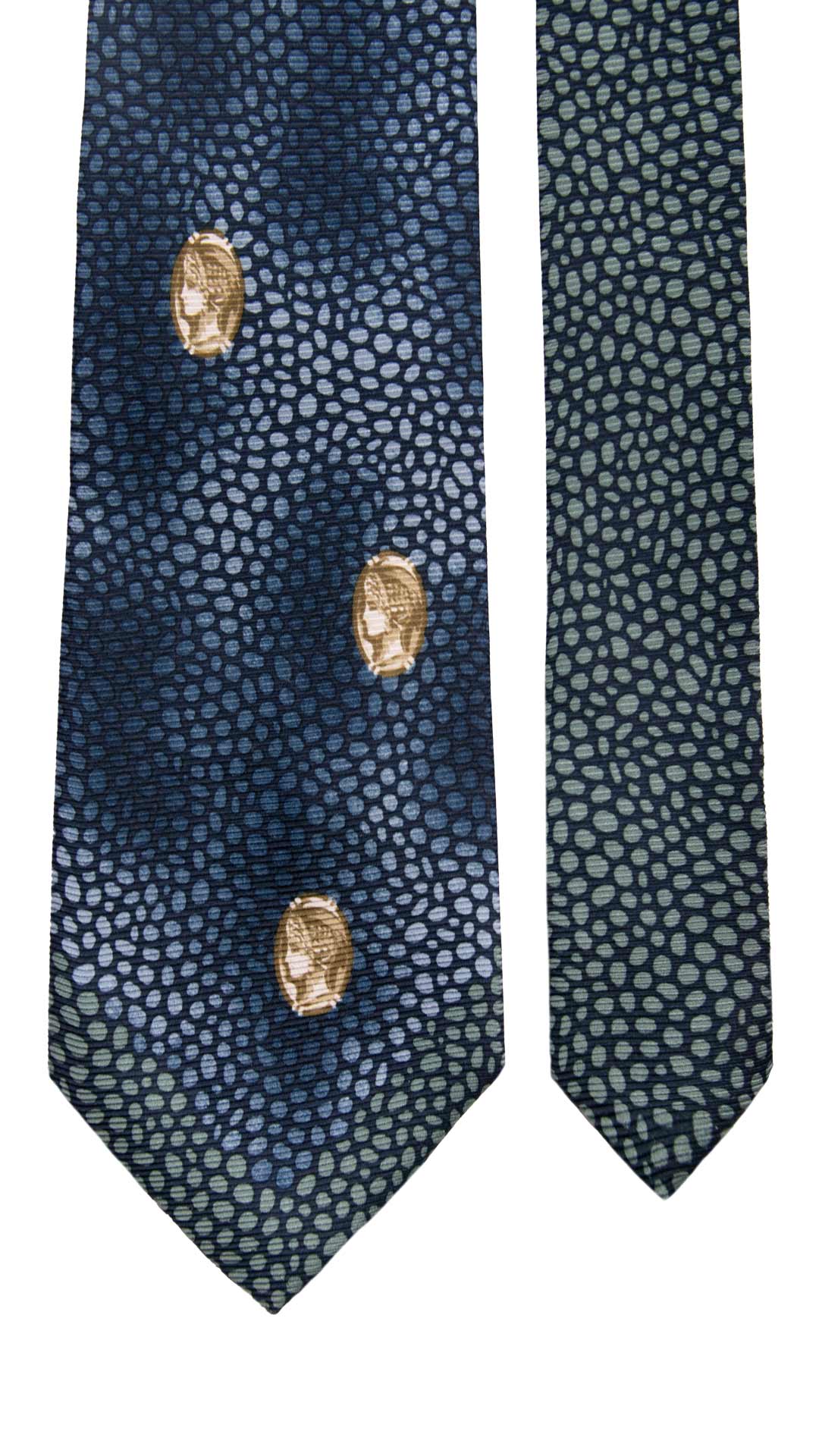 Cravatta Vintage di Seta Jacquard Blu Navy Fantasia Celeste Verde Acqua a Medaglioni Beige CV947 Made in Italy Graffeo Cravatte Pala