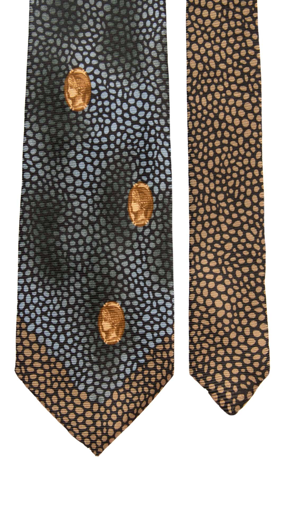 Cravatta Vintage di Seta Jacquard Blu Notte Fantasia Azzurro Polvere Marrone CV948 Made in Italy Graffeo Cravatte Pala