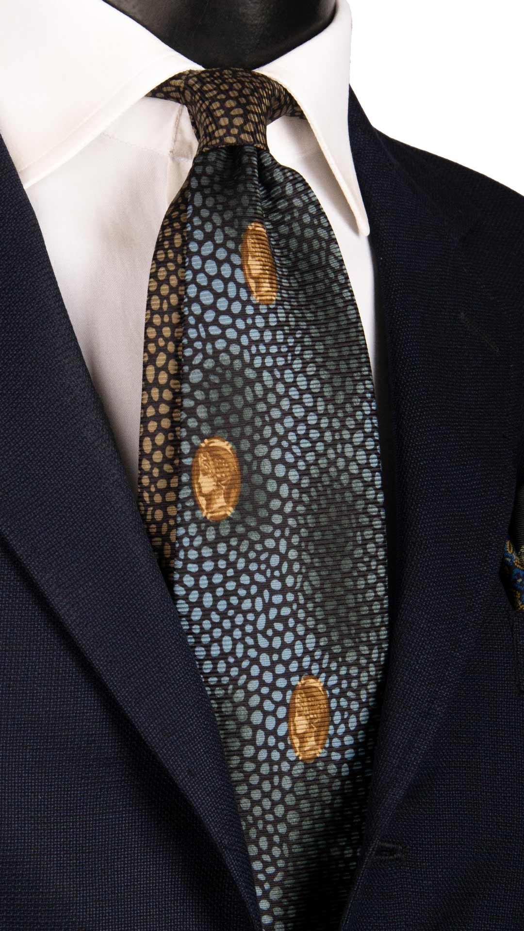 Cravatta Vintage di Seta Jacquard Blu Notte Fantasia Azzurro Polvere Marrone CV948 Made in Italy Graffeo Cravatte