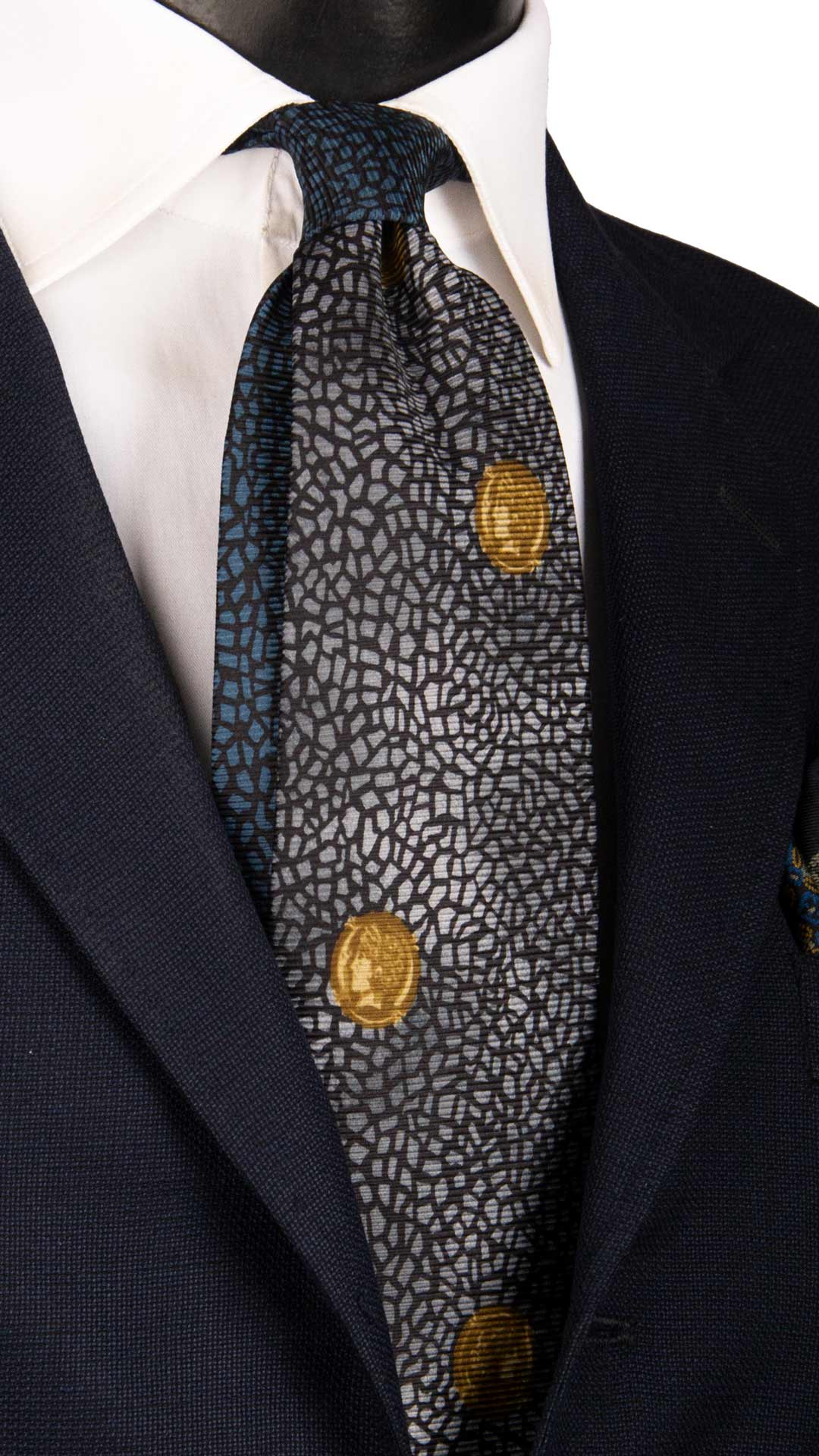 Cravatta Vintage di Seta Jacquard Blu Notte Fantasia Grigia Avio a Medaglioni Giallo Oro CV951 Made in Italy Graffeo Cravatte