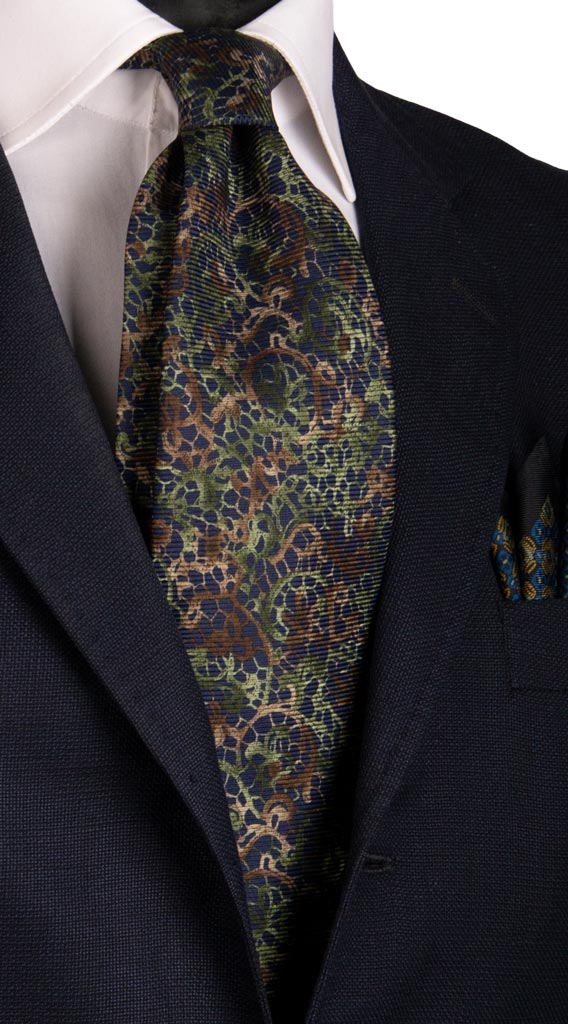 Cravatta Vintage di Seta Jacquard Blu Fantasia Marrone Verde Made in Italy Graffeo Cravatte
