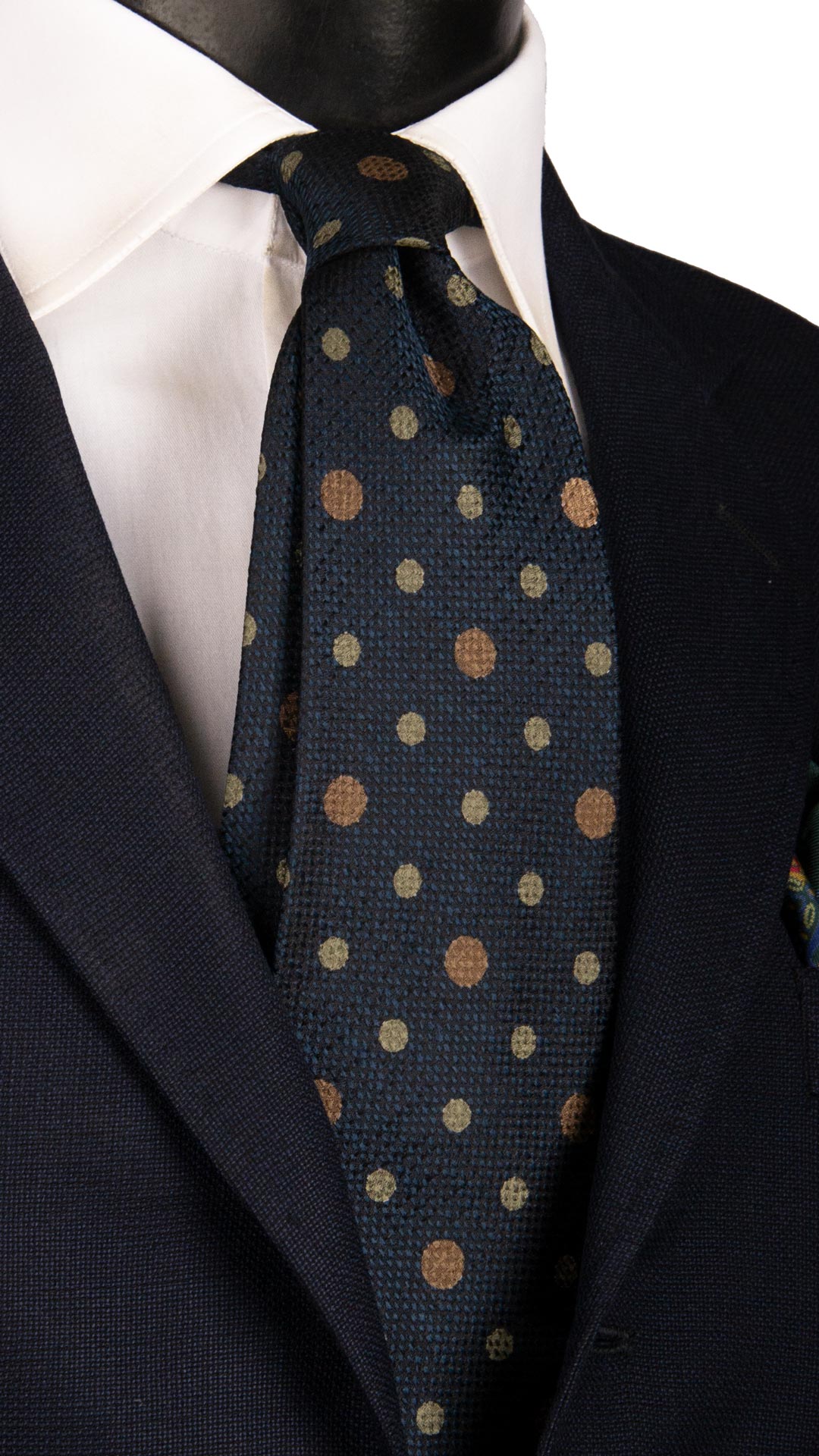 Cravatta Vintage di Seta Jacquard Blu a Pois Verde Oliva CV1122 Made in Italy Graffeo Cravatte