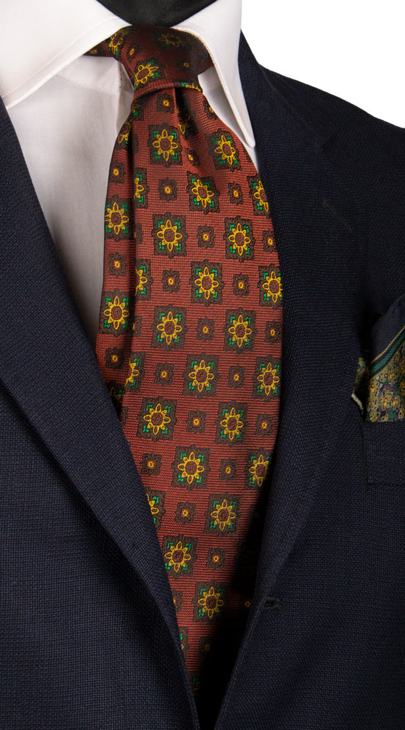 Cravatta Vintage di Seta Jacquard Bordeaux Fantasia Giallo Marrone Verde Made in Italy Graffeo Cravatte