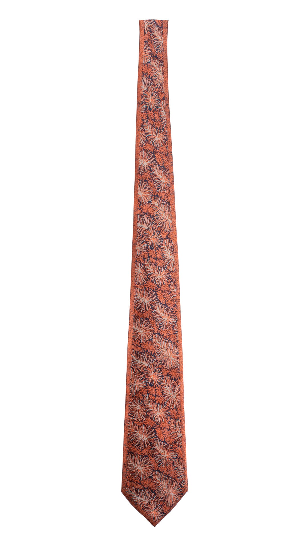 Cravatta Vintage di Seta Jacquard Color Mattone Fantasia Blu Grigio Argento CV801 Intera