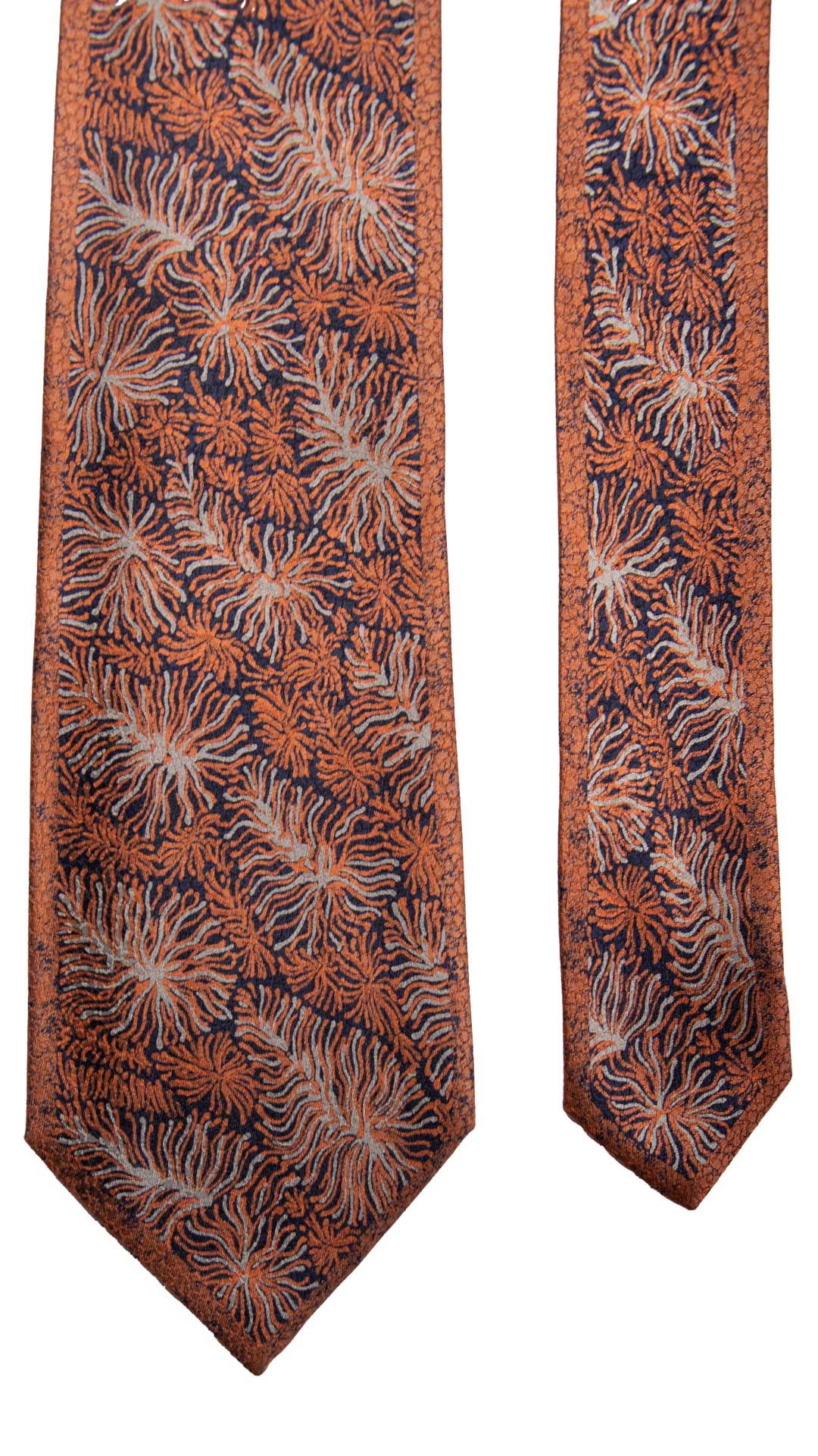 Cravatta Vintage di Seta Jacquard Color Mattone Fantasia Blu Grigio Argento CV801 Pala