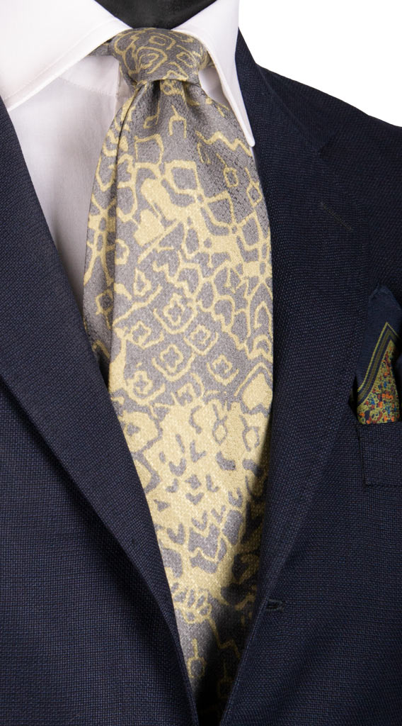 Cravatta Vintage di Seta Jacquard Fantasia Grigio Verde Sabbia Made in Italy Graffeo Cravatte