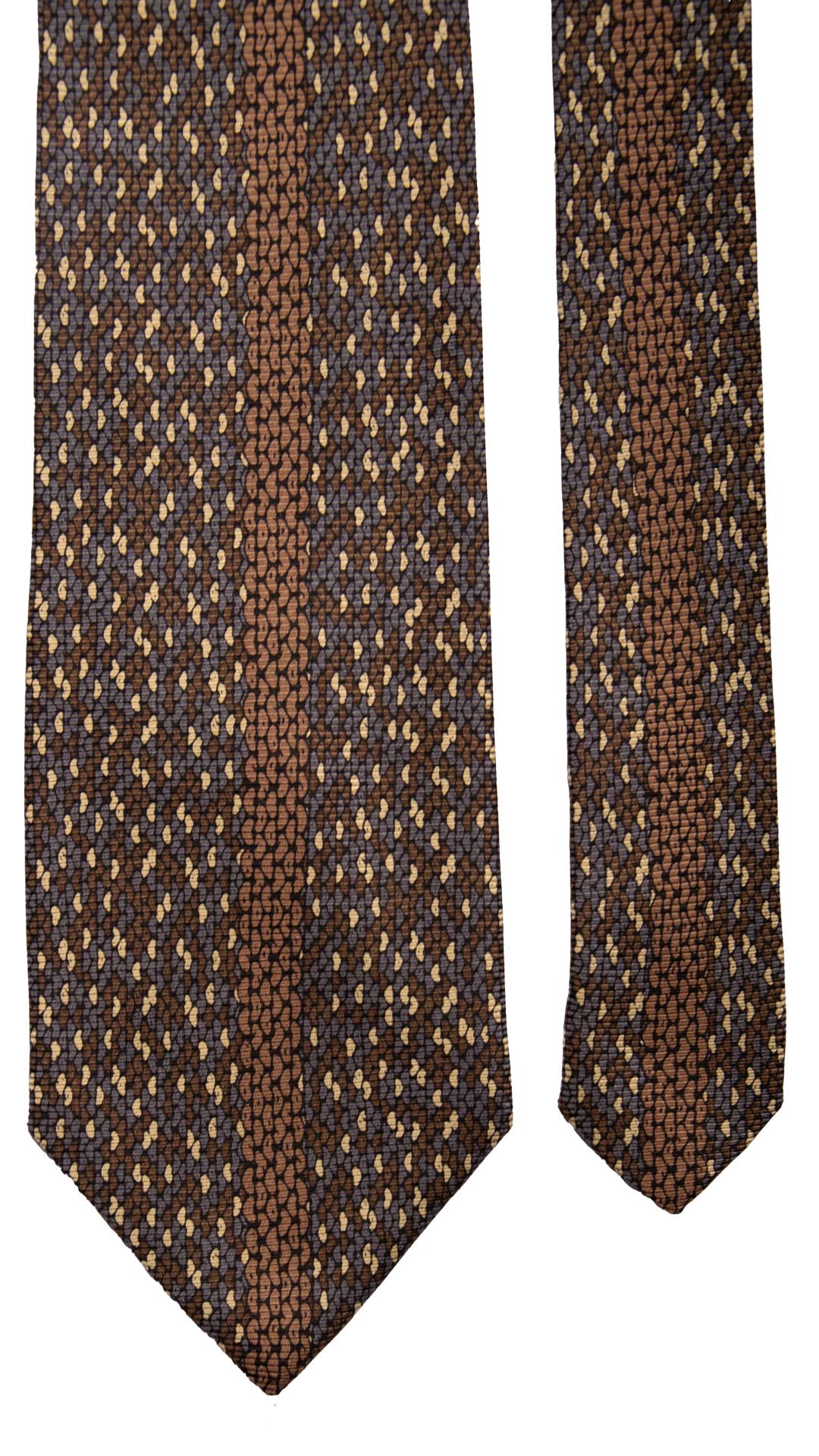 Cravatta Vintage di Seta Jacquard Fantasia Marrone Grigio Beige CV804 pala
