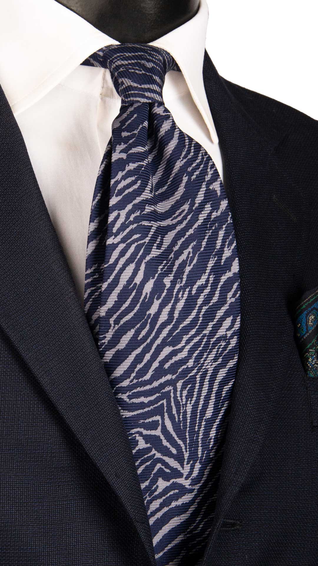 Cravatta Vintage di Seta Jacquard Fantasia Zebrata Blu Grigio Argento CV858 Graffeo Cravatte Made in Italy