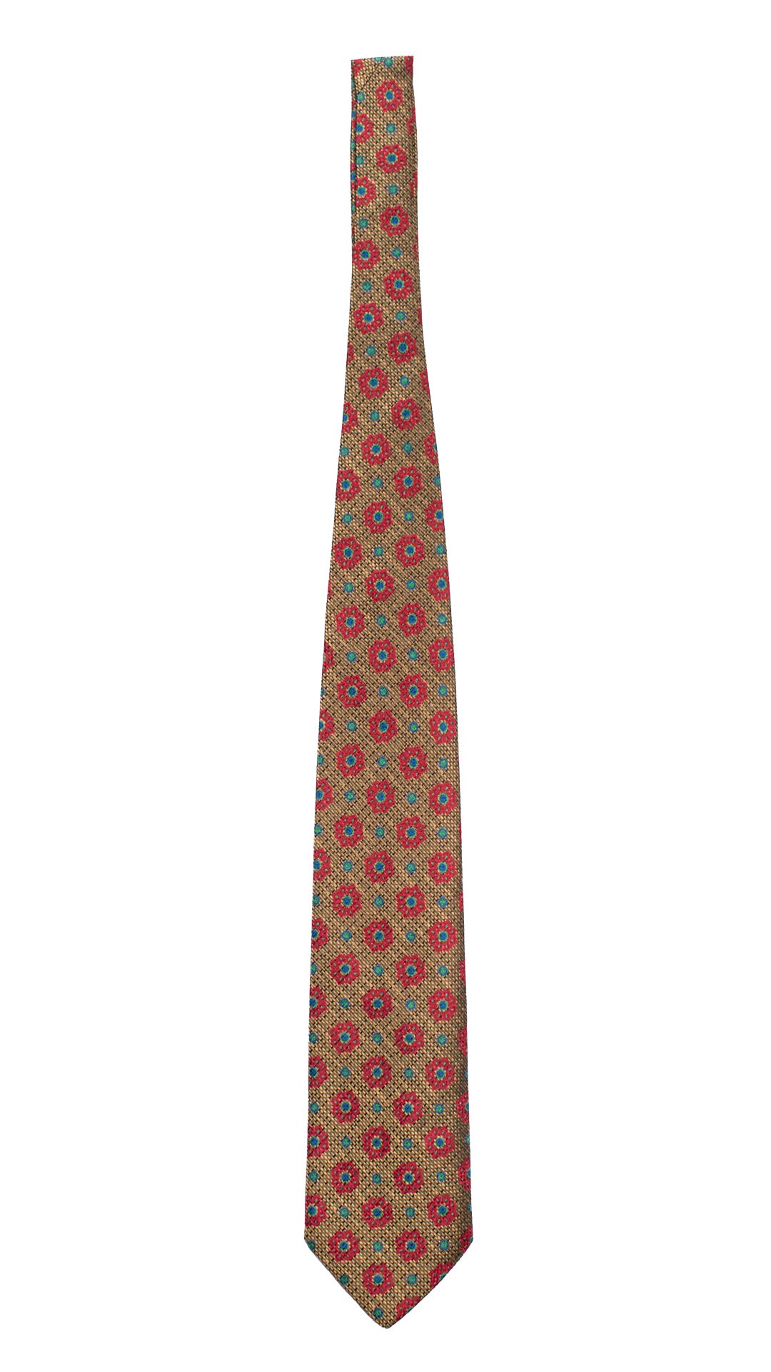 Cravatta Vintage di Seta Jacquard Giallo Oro Fantasia Magenta Blu Verde CV808 Intera