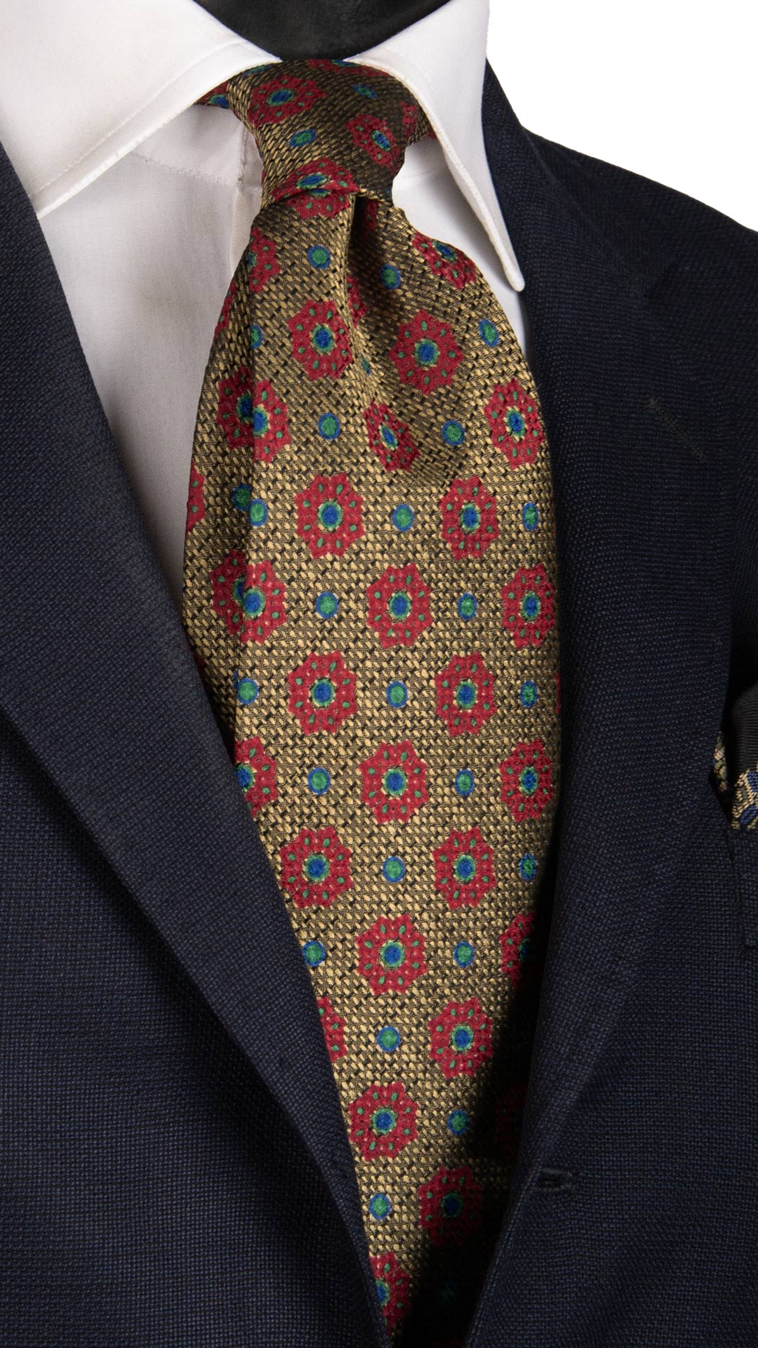 Cravatta Vintage di Seta Jacquard Giallo Oro Fantasia Magenta Blu Verde CV808 Made in Italy Graffeo Cravatte