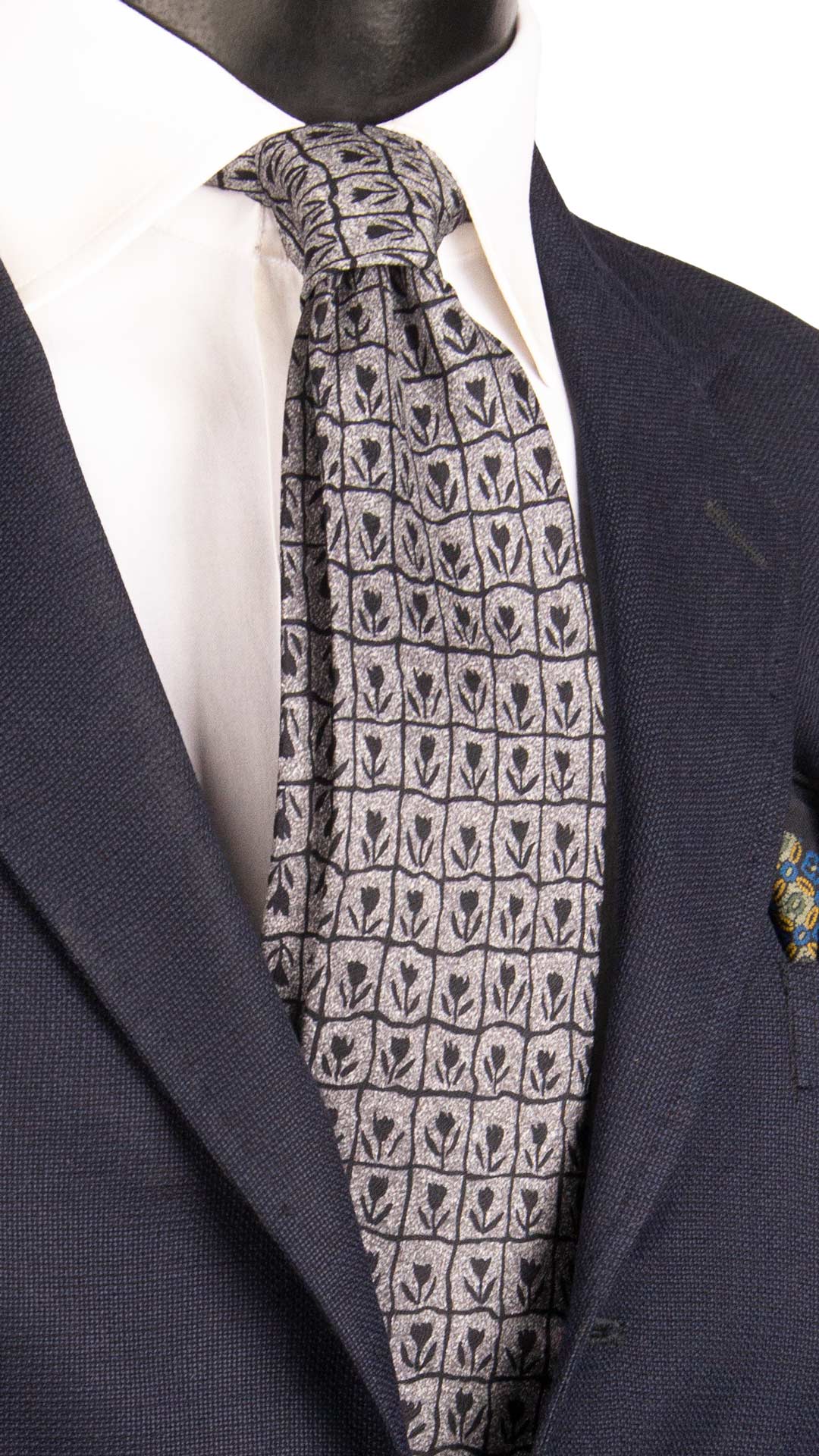 Cravatta Vintage di Seta Jacquard Grigia a Fiori Neri CV1219 Made in Italy Graffeo Cravatte 