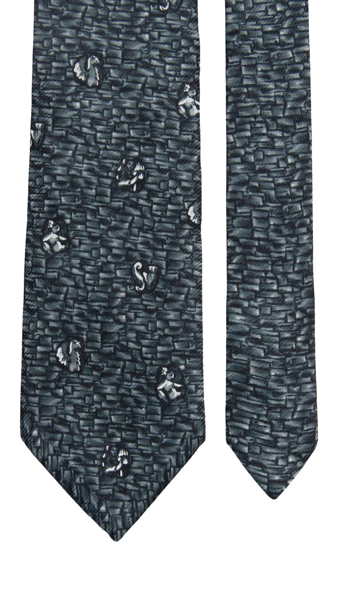 Cravatta Vintage di Seta Jacquard Nera Fantasia Verde Acqua CV1161 Made in Italy Graffeo Cravatte Pala