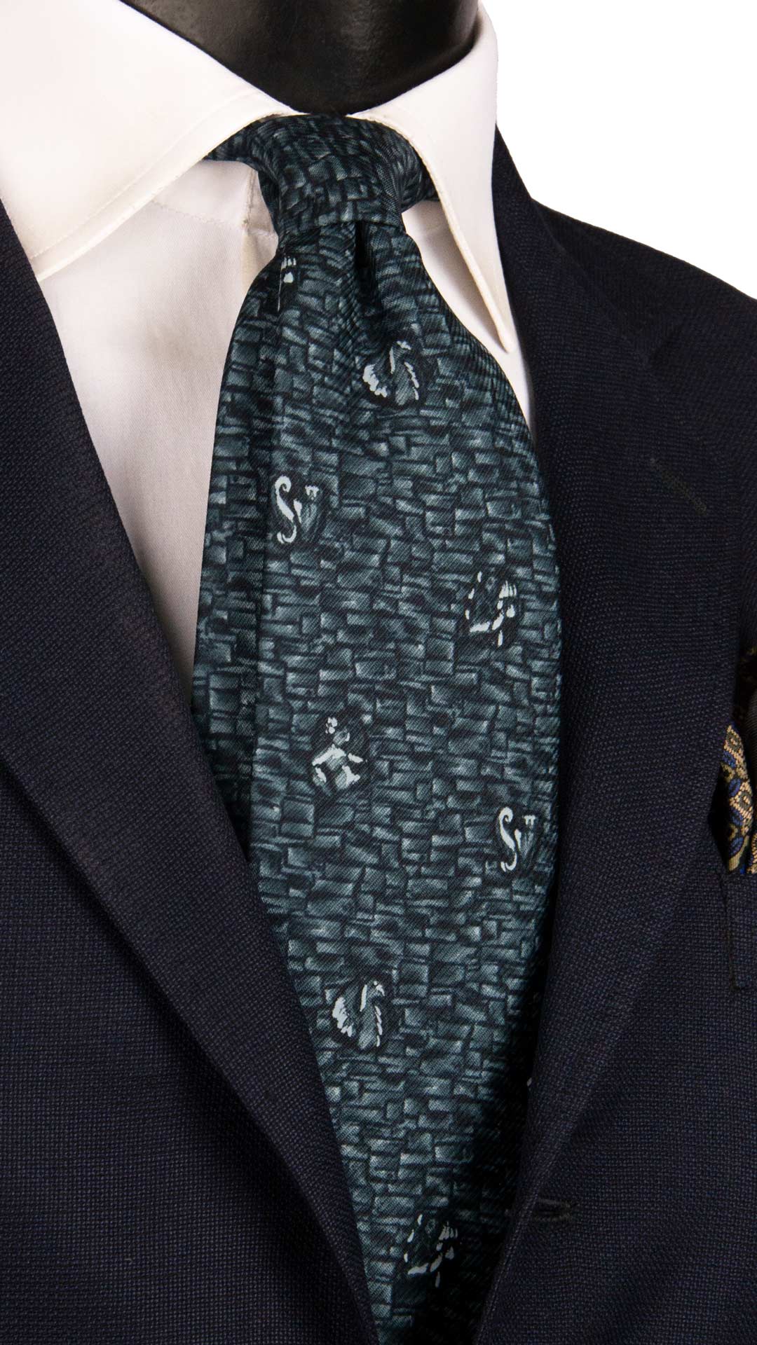 Cravatta Vintage di Seta Jacquard Nera Fantasia Verde Acqua CV1161 Made in Italy Graffeo Cravatte