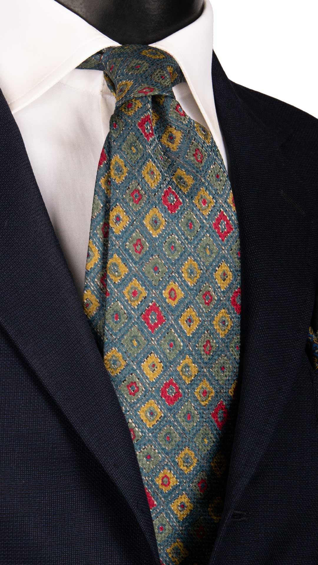 Cravatta Vintage di Seta Jacquard Verde Acqua Fantasia Multicolor CV941 Made in Italy Graffeo Cravatte