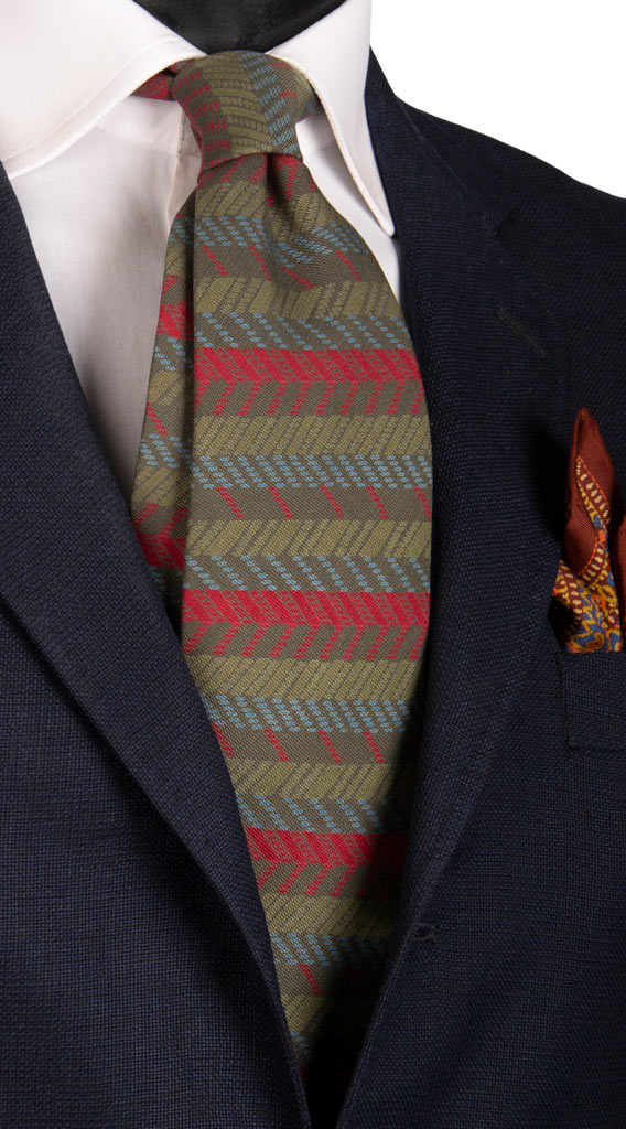 Cravatta Vintage di Seta Jacquard Verde Fantasia Celeste Verde Rossa Made in Italy Graffeo Cravatte