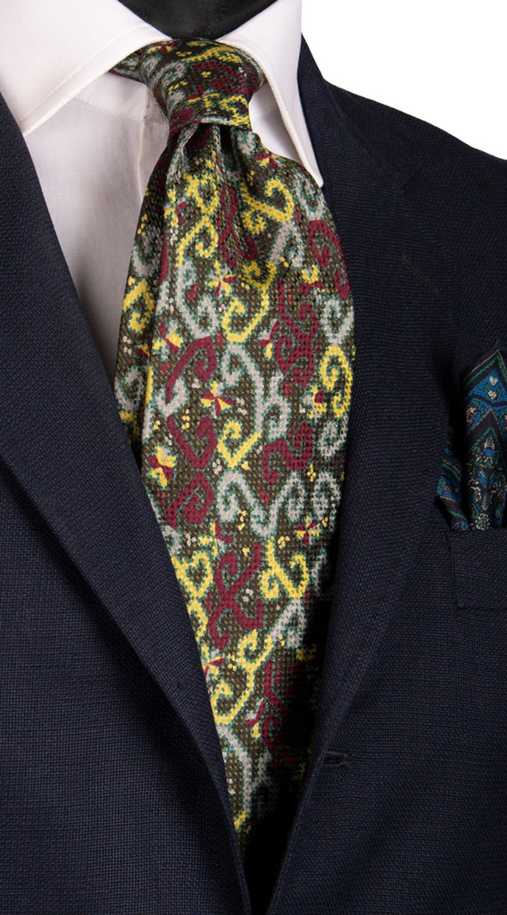 Cravatta Vintage di Seta Jacquard Verde Fantasia Grigia Rossa Gialla Made in Italy Graffeo Cravatte
