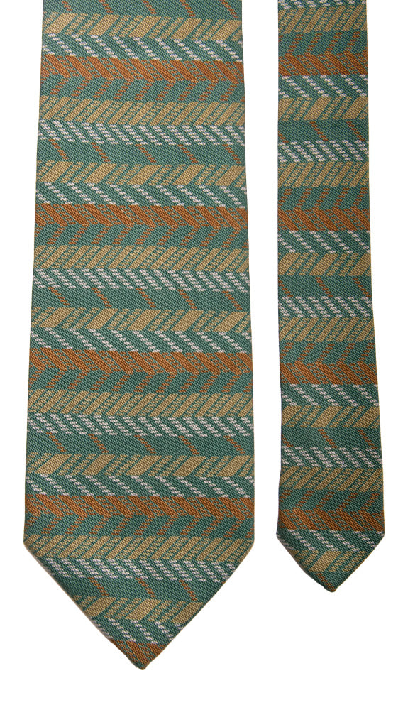 Cravatta Vintage di Seta Jacquard Verde Fantasia Grigia Verde Mattone Made in Italy Graffeo Cravatte Pala