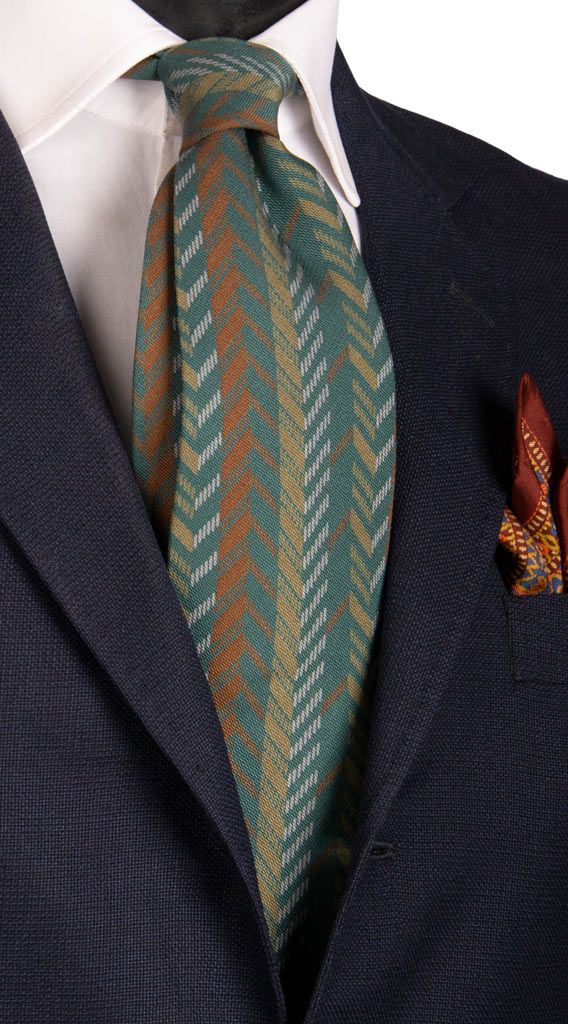 Cravatta Vintage di Seta Jacquard Verde Fantasia Grigia Verde Mattone Made in Italy Graffeo Cravatte