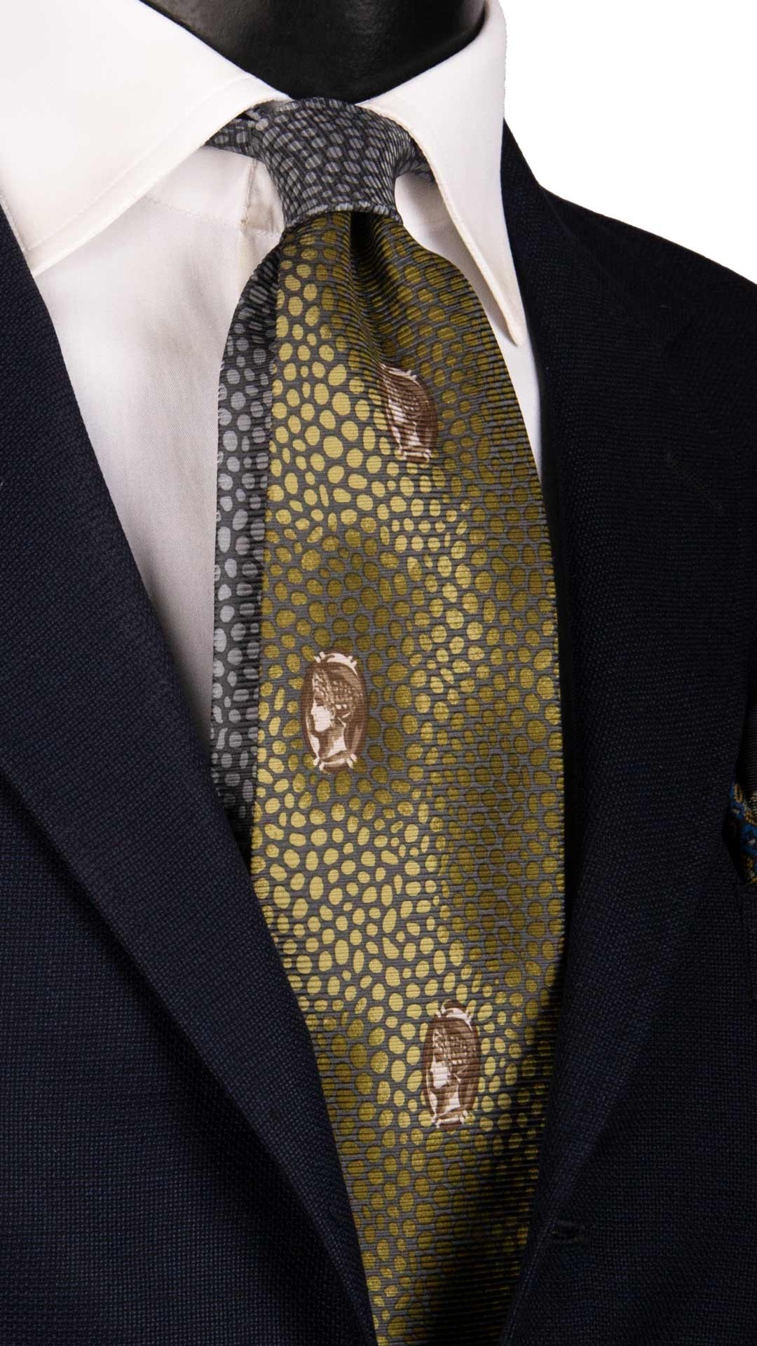 Cravatta Vintage di Seta Jacquard Verde Fantasia Grigia a Medaglioni Marroni CV949 Made in Italy Graffeo Cravatte